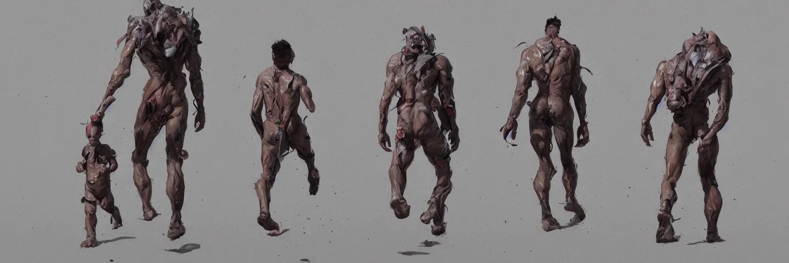 Prompt: family walk cycle, realistic deformed family walking while wearing a thong, character sheet, fine details, concept design, contrast, kim jung gi, greg rutkowski and francis bacon, trending on artstation, 8 k, full body and head, turnaround, front view, back view, ultra wide angle