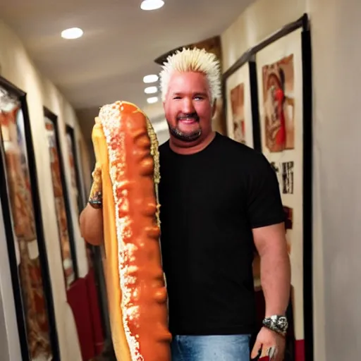 Prompt: lean, cut guy fieri poses with a huge hot dog in a dim hallway. he is very fit