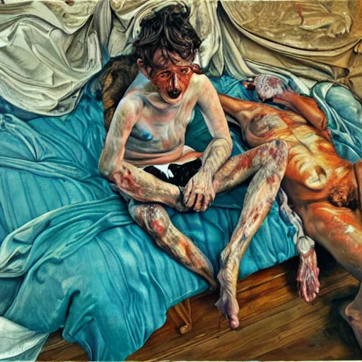 Image similar to high quality high detail painting by lucian freud and jenny saville, hd, psychedelic freak out, turquoise, ambient lighting