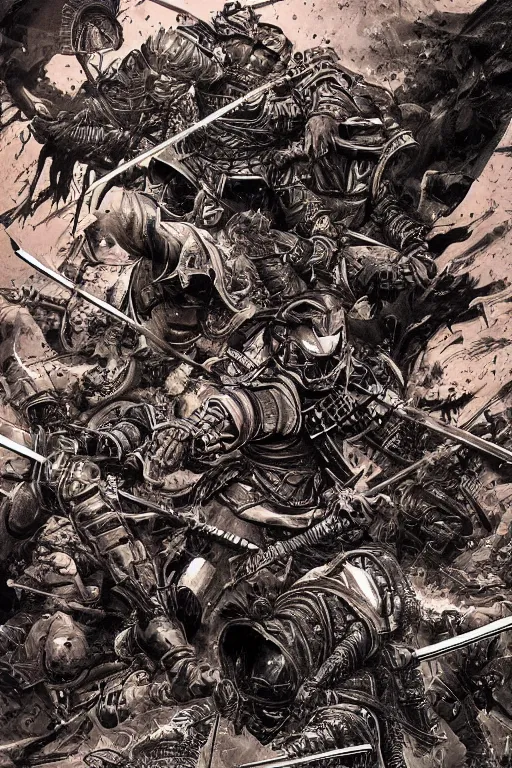 Image similar to hyper detailed illustration of a samurai battle by Kev Walker, simon bisley and paolo parente