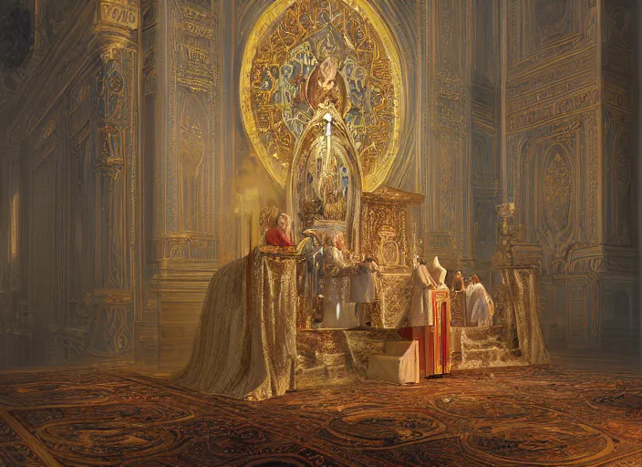 Image similar to worship of the pope, royal robe, gold trim, light effect, hyper detailed, intricate, atmospheric, elegant, photorealistic by paul lehr, marco mazzoni, featured on cgsociety, rococo, whimsical, artstation