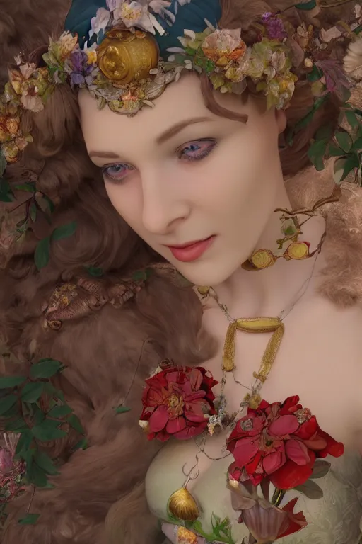 Image similar to face closeup, 3 d render of english princess holding birds, ornaments, background flowers, mucha vibe, dieselpunk, solarpunk, artstation