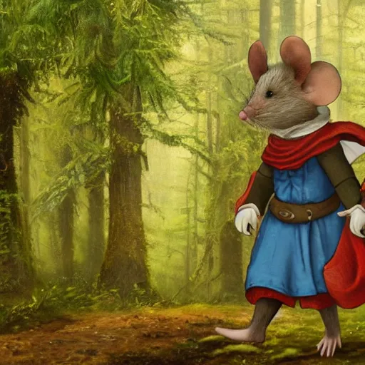 Image similar to an adventurous anthropomorphic mouse wearing medieval clothing walking through a lush forest, vasnetsov, 4k resolution