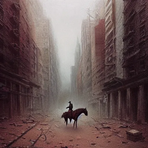 Image similar to cool apocalyptic traveler on a horse through a ruined new york city beksinski art style, highly detailed