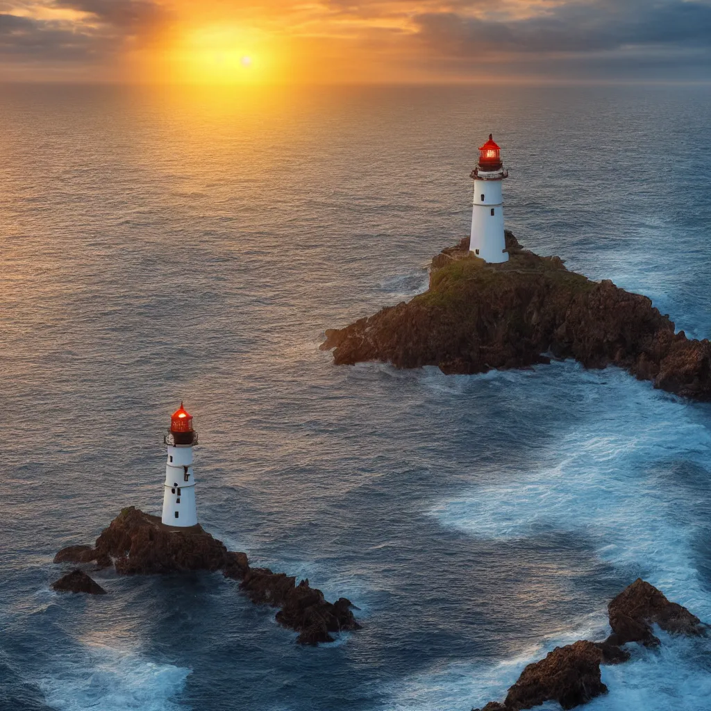 Image similar to a beautiful lighthouse on a cliff, rough sea, ultra realistic sunset, 8k