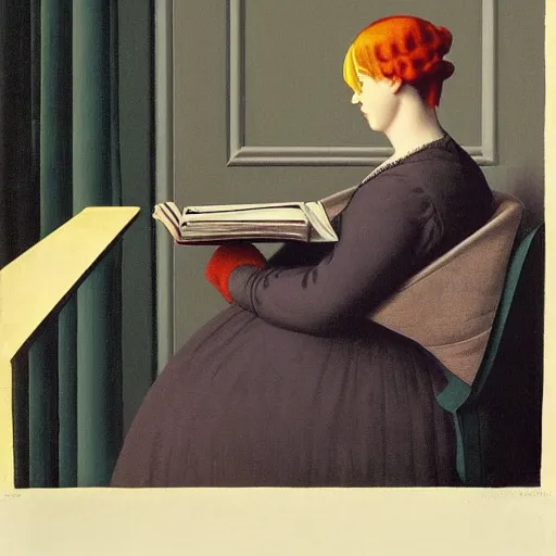 Prompt: a girl reading, old vintage colored photo by magritte, by ingres, strong lights, flat colors, pastel colors, eerie, nostalgic