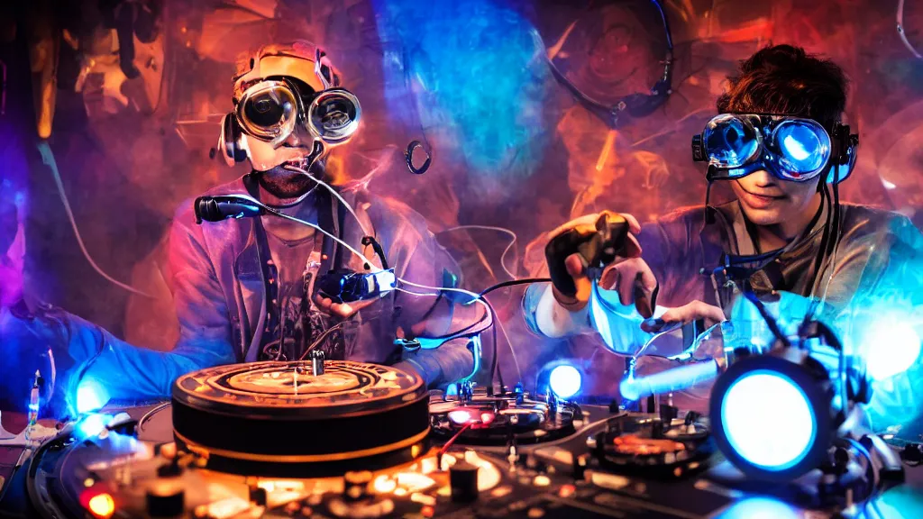 Prompt: a person wearing goggles and visor and headphones using a steampunk record player contraption, wires and tubes, turntablism dj scratching, intricate planetary gears, complex, cinematic, imax, sharp focus, iridescent, black light, fog machine, lasers