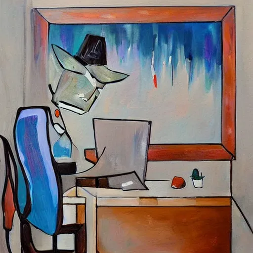 Image similar to painting gallery workplace, art style by bryen frost