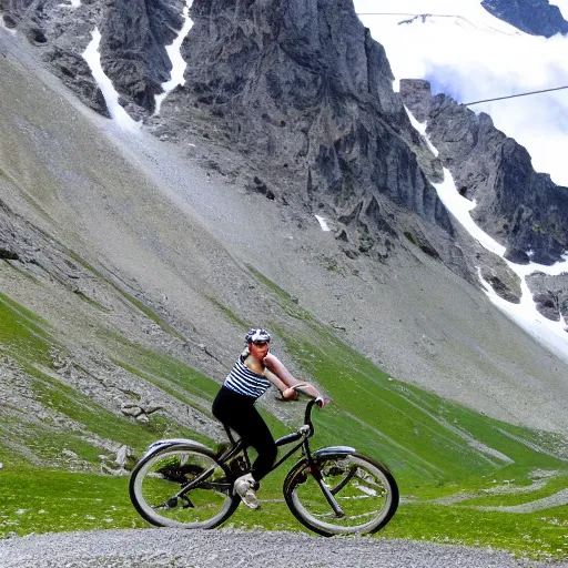 Image similar to bettlejuice riding bicycle in the alps