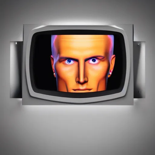 Image similar to a hyperrealistic 3 d render of max headroom on a vintage tv, octane render, unreal engine, 8 k, photorealistic, trending on artstation, ultra detailed, volumetric lighting, dramatic lighting, lasers, neon