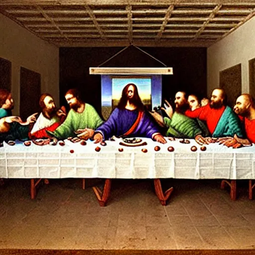 Image similar to the cast of What we do in the shadows in the painting of the last supper by leonard da vinci