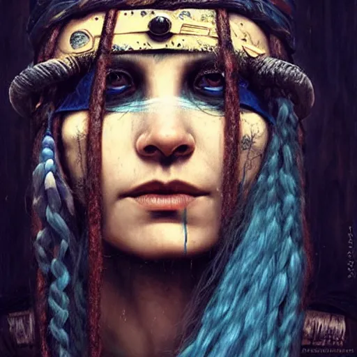 Image similar to A young blindfolded shaman woman with a decorated headband, in the style of heilung, blue hair dreadlocks and wood on her head, atmospheric lighting, intricate detail, cgsociety, ambient light, dynamic lighting, art by karol bak