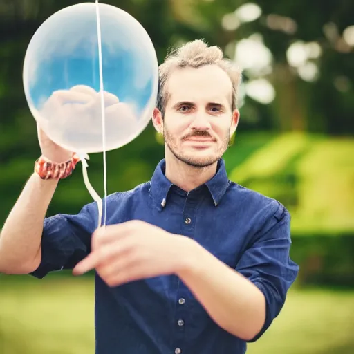 Prompt: man holding a balloon, photorealistic