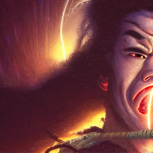 Prompt: UHD Closeup of constipated Samurai in a cosmic lightning storm on top of a mountain, painted in the style of Greg Rutkowski, Ferdinand Knab, and Todd McFarlane