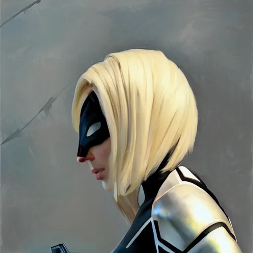 Image similar to greg manchess portrait painting of partially armored spidergwen as overwatch character, medium shot, asymmetrical, profile picture, organic painting, sunny day, matte painting, bold shapes, hard edges, street art, trending on artstation, by huang guangjian, gil elvgren, ruan jia, greg rutkowski, gaston bussiere