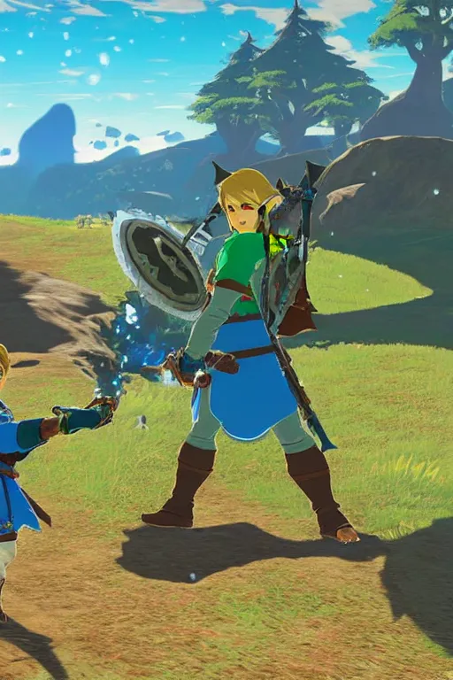 Image similar to in game footage of link from the legend of zelda breath of the wild activating magnesis, breath of the wild art style.