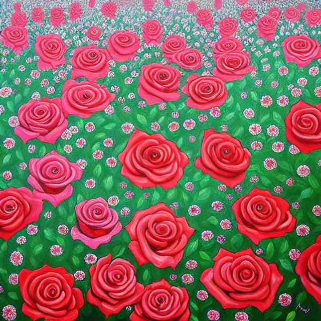 Image similar to a beautiful painting hundreds of roses in the rose garden are like small bristles, by kusama miyama realistic oil painting