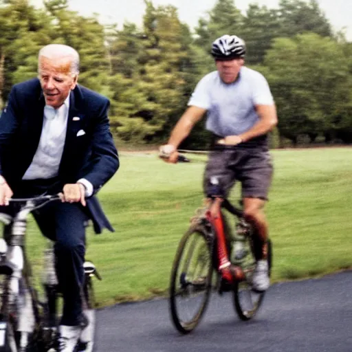 Image similar to ultra realistic photo of joe biden falling off of his bike, film, perfect face, in the style of a candid photo