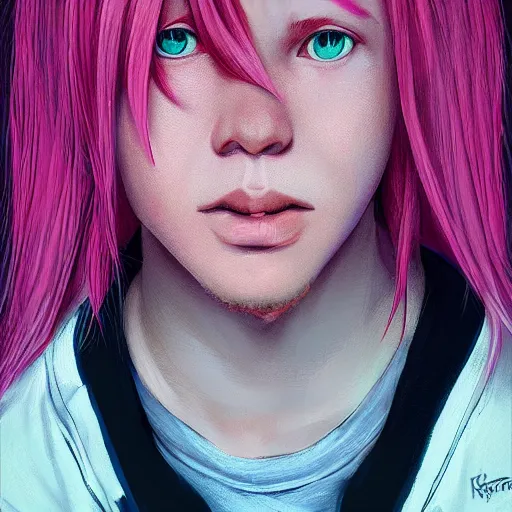 Prompt: teen boy, pink hair, pink eyes, elegant, georgeus, bust portrait, high detalied, digital art, artstation, by ilya kuvishinov and Ross Tran