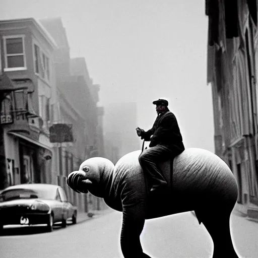 Image similar to a man riding a walrus down the street, kodachrome, 3 5 mm f 1. 4 lens, depth of field, dramatic lighting, masterpiece