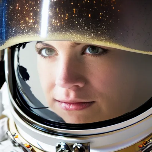 Prompt: a close up photo of astronaut's helmet, supermodel in reflection