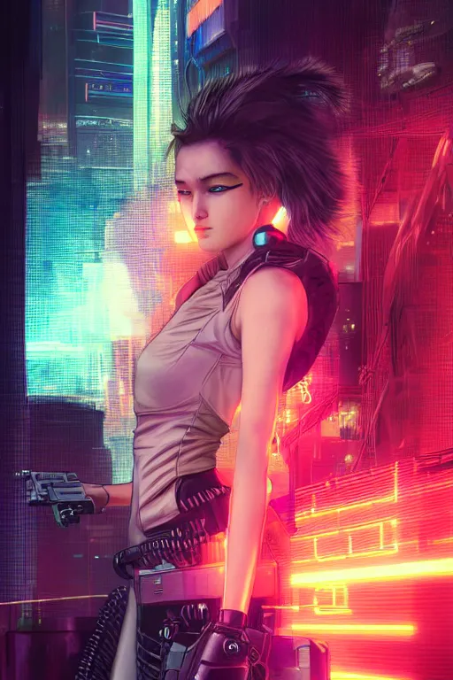 Image similar to portrait futuristic trustworthy cyberpunk young female gunner, in futuristic heavily sandstorm tokyo rooftop cyberpunk night, ssci-fi, fantasy, intricate, very very beautiful, elegant, neon light, highly detailed, digital painting, concept art, human anatomy, soft light, hdri, smooth, sharp focus, illustration, art by tian zi and craig mullins and WLOP and alphonse mucha