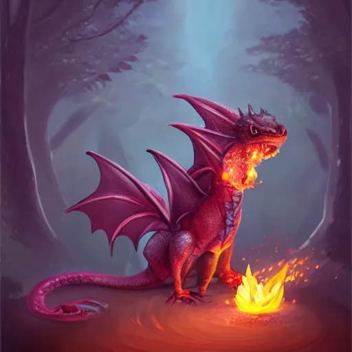 Image similar to image of a little cute dragon in a fantasy forest spitting honey instead of fire, digital art, trending on artstation