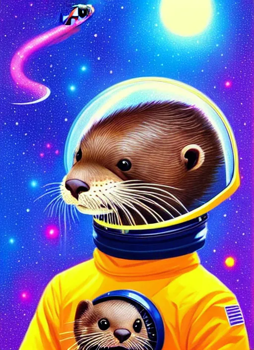 Prompt: a portrait of a cute otter with a space helmet, swimming through a colorful galaxy!!!!!!!!!!!, detailed, artstation, art by rhads and miyazaki