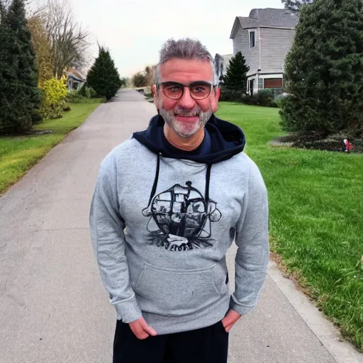 Prompt: Rocco Botto wearing gray sweatshirt and gray sweatpants and gray 👟 standing in a T-pose on a suburban residential street.