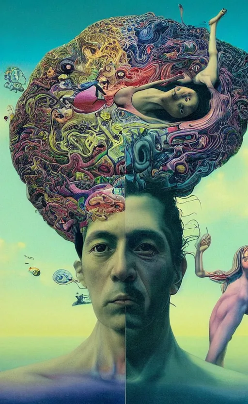 Image similar to ultrawide angle colour masterpiece surreal closeup portrait photography of the beatles playing on stage by miho hirano and annie leibovitz and michael cheval, weird surreal epic psychedelic complex biomorphic 3 d fractal landscape in background by kilian eng and roger dean and salvador dali and beksinski, 8 k