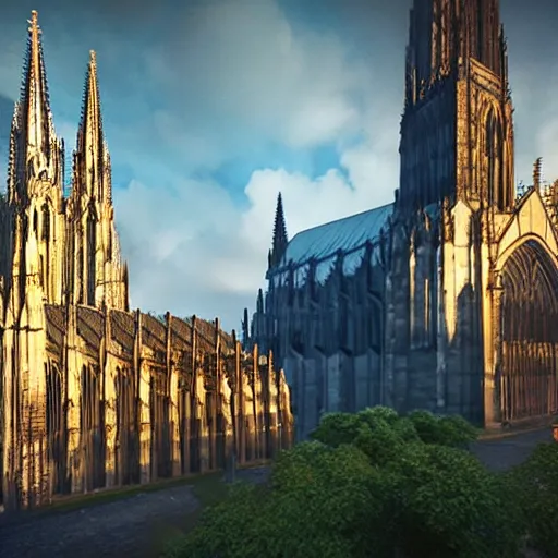 Image similar to a hyper real comic book style portait painting of the cathedral of cologne germany in the stone age with dinosaurs, unreal 5, hyperrealistic, octane render, cosplay, rpg portrait, dynamic lighting