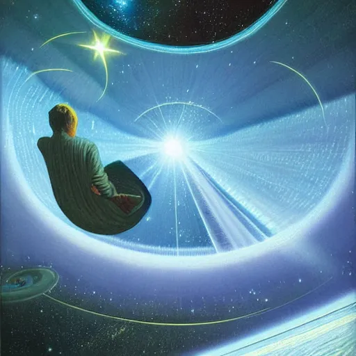 Image similar to A person floating through space in a lucid dream by David A. Hardy