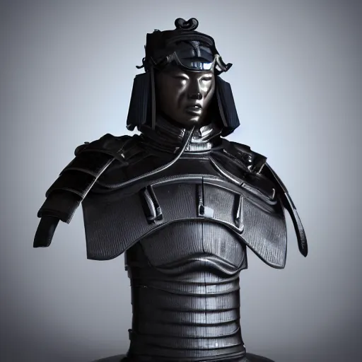 Image similar to portrait of a bust of a samurai with futuristic fashion elements created by yuuki morita, octane render, 3 d animated, unreal engine 5, studio lighting, photorealistic, smooth surface