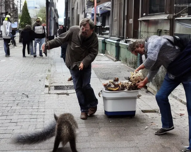 Image similar to slavoj zizek battling with a racoon for food in a trash container in the street