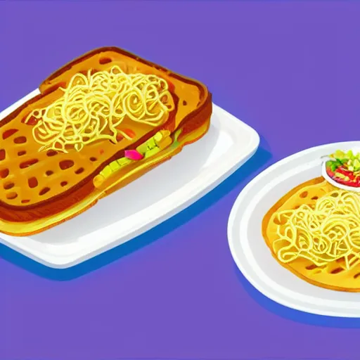 Image similar to obese cat sitting in behind a plate of indomie mi goreng noodles on toast, traditional artstyle