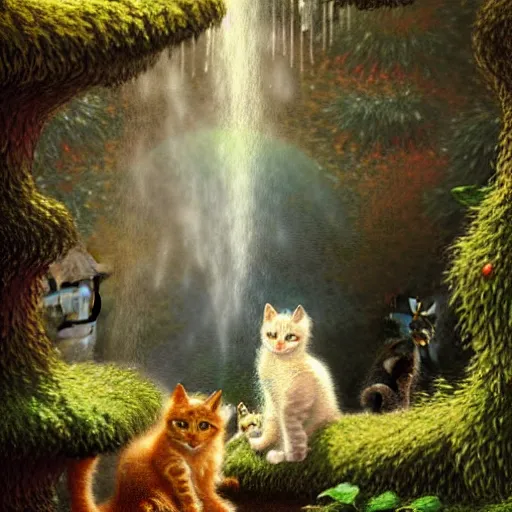 Image similar to two kittens in the enchanted forest stand on the steps and watch the waterfall, fantasy, intricate, extremely detailed, face enhance, matte, featured in artstation, art by louis wain, greg rutkowski