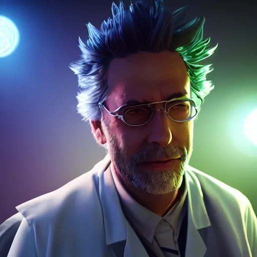 Image similar to portrait of rick sanchez, lab coat, lens flare, atmosphere, glow, detailed, intricate, full of colour, cinematic lighting, trending on artstation, 4 k, hyperrealistic, focused, extreme details, unreal engine 5, cinematic, masterpiece