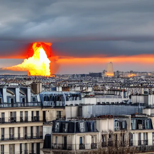 Prompt: photo of a nuclear explosion in paris, 8 k uhd, wide angle