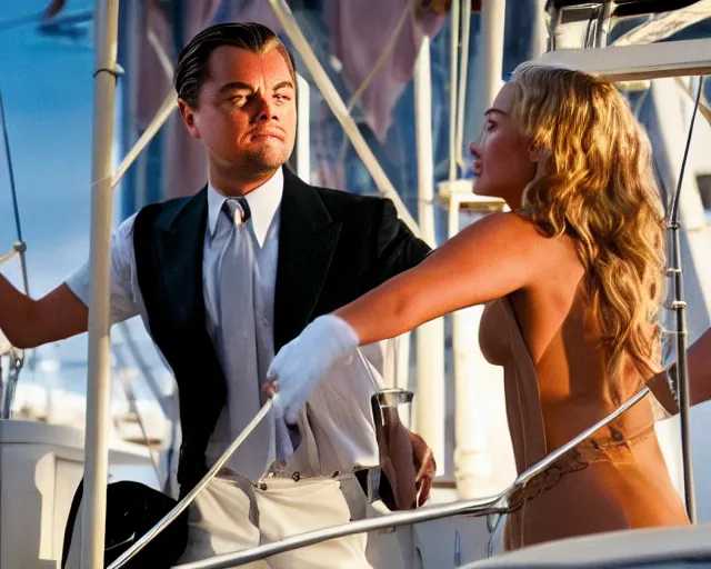 Image similar to leonardo dicaprio as the wolf of wall street next to margot robbie as naomi from the wolf of wall street on a fishing boat, hyper realistic faces, beautiful eyes, cinematic, long shot, hyper detailed, 8 5 mm photograph, 8 k resolution, film still, sharp lens, wide lens