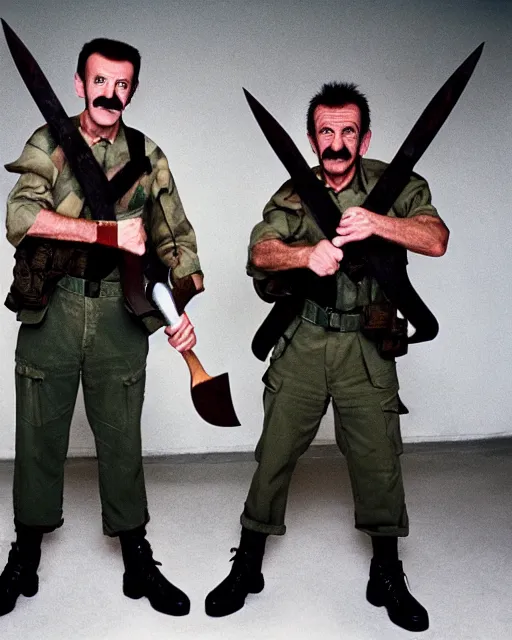 Prompt: full body 8 k photo of paul chuckle standing next to barry chuckle dressed as sas soldiers holding battle - axes, intricate, elegant, highly detailed, cinestill, dramatic lighting, sharp focus,