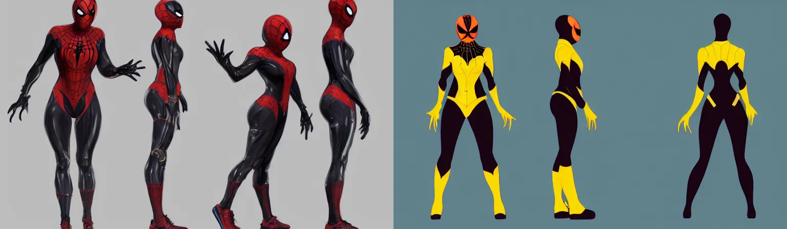 Prompt: full body character turnaround of a woman in an orb weaver inspired outfit and mask, character sheet, spiderwoman!!!!!, john singer sargent, good value control, highly detailed portrait, digital painting, concept art, running shoes, sharp focus, illustration, 8 k, black undersuit, black main color with yellow secondary color, realistically proportioned body