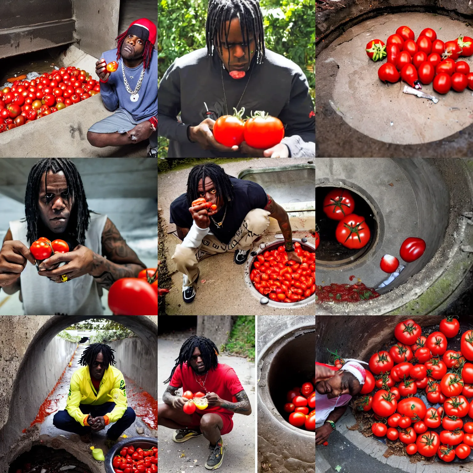 Prompt: chief keef eating tomatoes inside a sewer