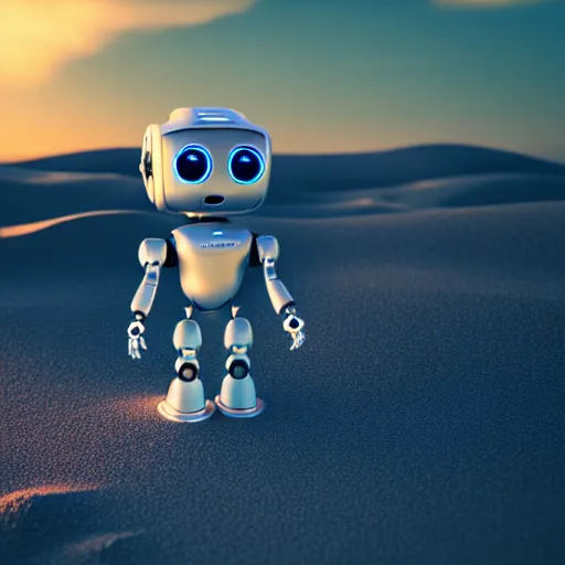 Image similar to a cute little robot out sand. super realistic 8 k render of a elegant, cinematic composition