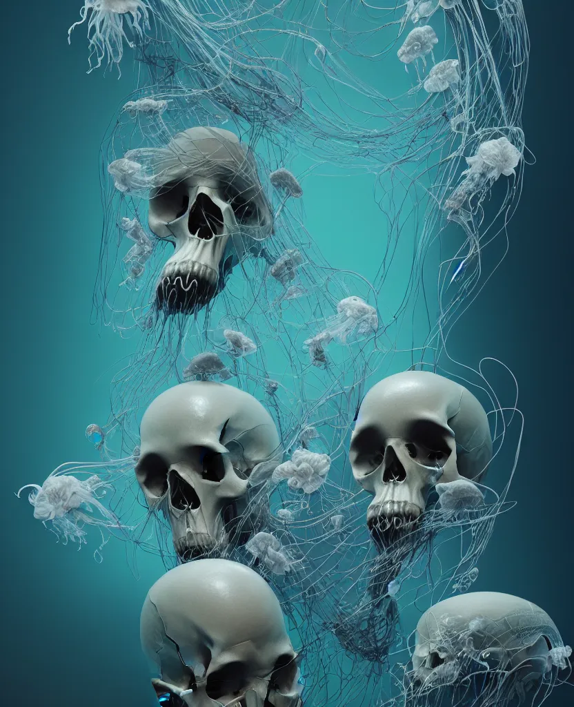 Image similar to composition of human skulls, animals skulls, bones, rib-cage. jellyfish orchids and betta fish, bioluminiscent, intricate artwork by Tooth Wu and wlop and beeple. octane render, trending on artstation, greg rutkowski very coherent symmetrical artwork. cinematic, hyper realism, high detail, octane render, 8k