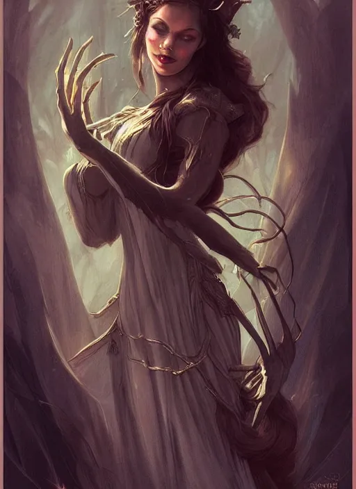 Prompt: tarot!!, fairy queen, fantasy medieval, no noise, elegant, concept art, sharp focus, beautiful face!!, digital art, smooth defined outlines!!, by Brom, trending on Artstation, Tom Bagshaw, Sargent