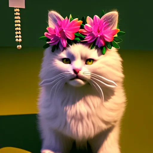 Prompt: high quality 3 d render very cute fluffy cat with hawaiian lei necklace and flower crown on head, highly detailed, unreal engine cinematic smooth low angle, uhd 8 k, sharp focus