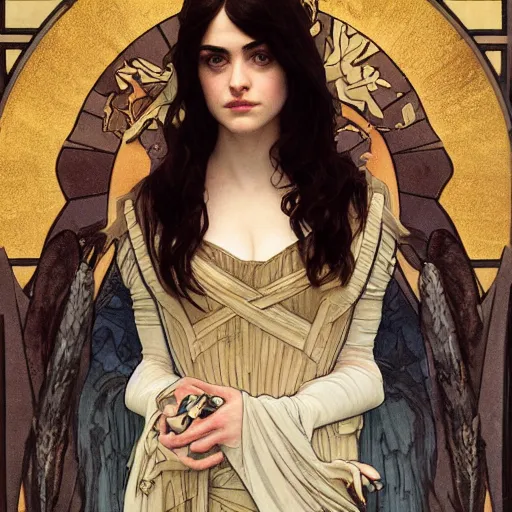 Prompt: a combination of Alexandra Daddario, Maisie Williams, Krysten Ritter, Anne Hathaway and Natalia Dwyer Christina Ricci and Lily Collins by Alphonse Mucha, Magali Villeneuve and Livia Prima, trending on artstation, long hair, dark eyes