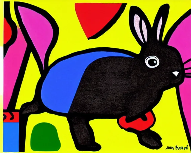 Image similar to a very cute netherland dwarf black bunny, art by romero britto