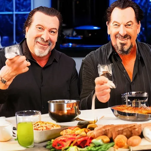 Image similar to john travolva and steven segal host a cooking show