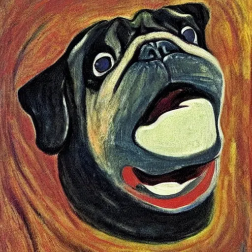 Image similar to a mouth-opened pug in shock , in the Style of The Scream , painted by Edvard Munch